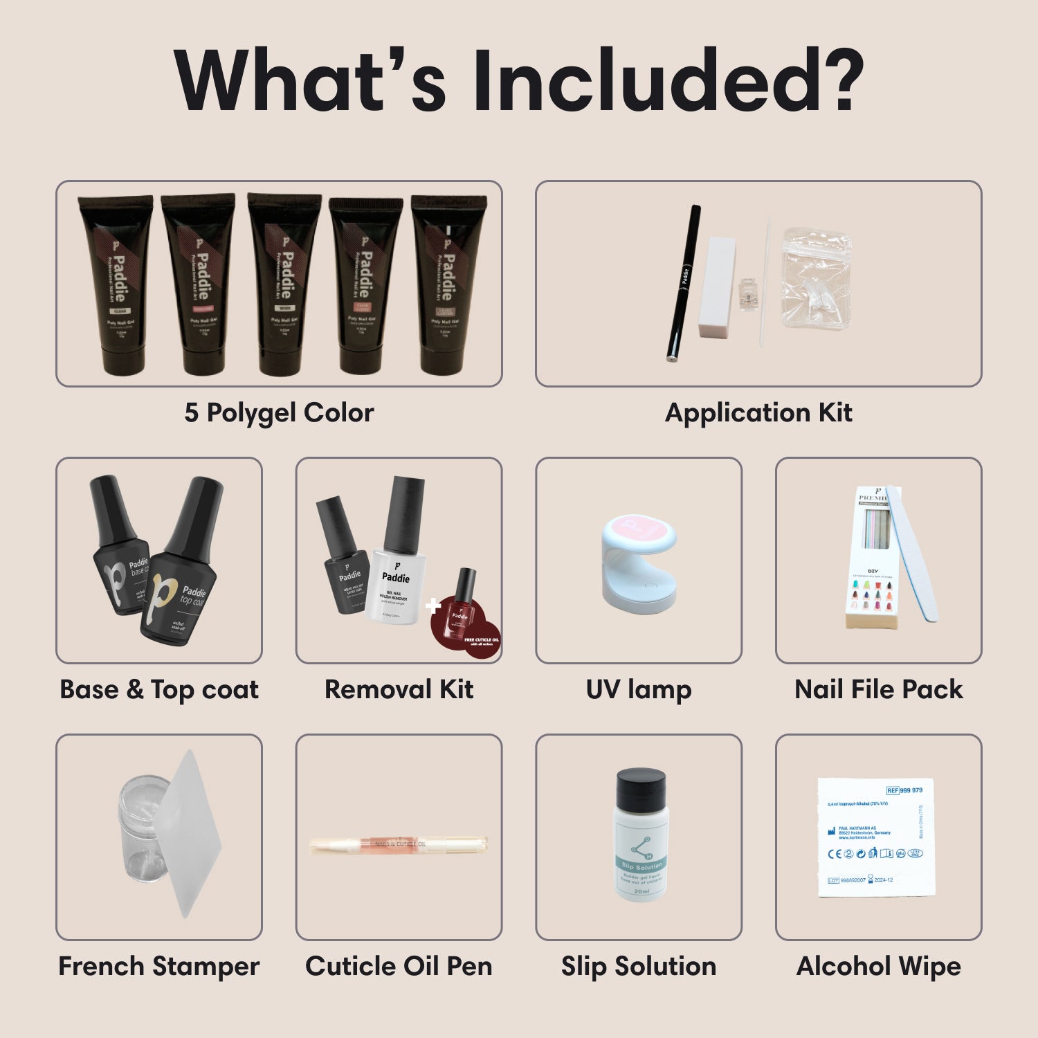 Polygel Intermediate Kit Includes 5 polygel colors, nail clip, 2 nail brush and cuticle pushers, 20 dual forms, slip solution, UV lamp, base & top coat, 6 nail files, wooden stick, alcohol wipe, removal kit, cuticle oil pen, and French nail art stamp.