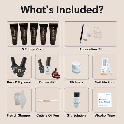Polygel Intermediate Kit Includes 5 polygel colors, nail clip, 2 nail brush and cuticle pushers, 20 dual forms, slip solution, UV lamp, base & top coat, 6 nail files, wooden stick, alcohol wipe, removal kit, cuticle oil pen, and French nail art stamp.